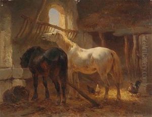 Two Horses And Chickens In A Stable Two Horses And Chickens In A Stable