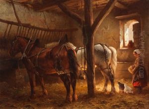 The Feeding Of The Chickens In The Stable by Wouter Verschuur the Younger