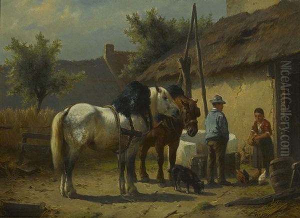 Figures And Two Horses Outside Of A Barn - view 1