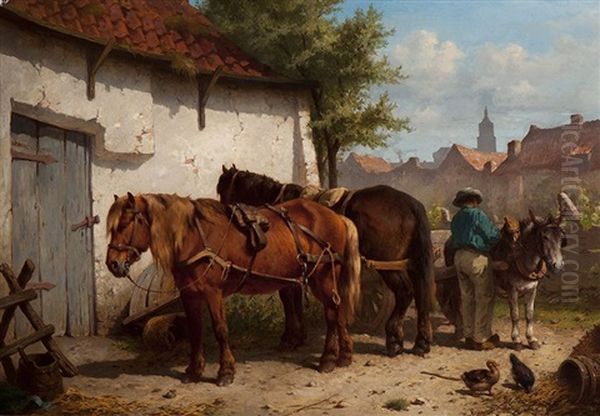 Two Horses And A Donkey Being Put To A Cart - view 1