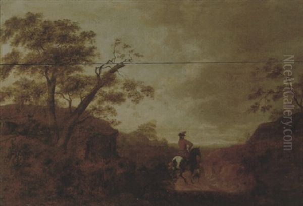 A Wooded Landscape At Sunset With A Horseman And His Dog On A Track - view 1
