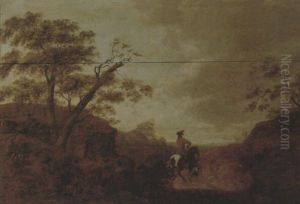 A Wooded Landscape At Sunset With A Horseman And His Dog On A Track by Aelbrecht Verschuur