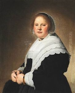 Portrait Of An Elegant Woman In A Black Dress With A White Lace Collar