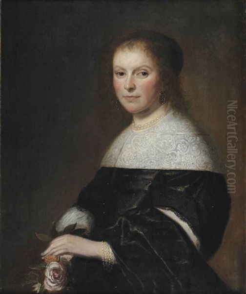 Portrait Of A Lady, Half-length, In A Black Dress With A White Lace Collar And Pearl Jewelry, Holding A Pink Rose - view 1