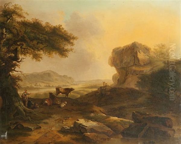 Troupeaux Et Bergers Se Reposant Dans Un Paysage Montagneux (+ Troupeaux Et Bergers Passant Un Gue; Pair) - view 1