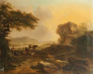 Troupeaux Et Bergers Se Reposant Dans Un Paysage Montagneux (+ Troupeaux Et Bergers Passant Un Gue; Pair) by Martin Verstappen