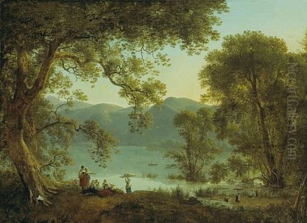 An Italianate Landscape With Washerwomen Resting Under A Tree - view 1