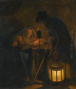 An Interior With An Old Woman Reading By Candlelight And A Man Holding A Lantern An Interior With An Old Woman Reading By Candlelight And A Man Holding A Lantern
