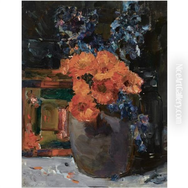 A Still Life With Marigold And Delphinium In A Bowl - view 1