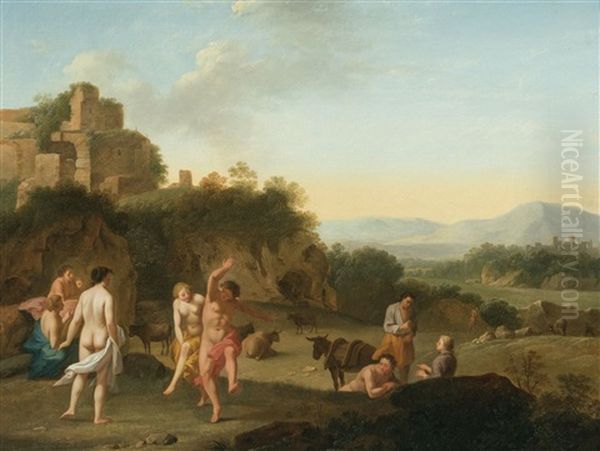 Animated Southern Landscape With Ruine And Dancing Figures - view 1
