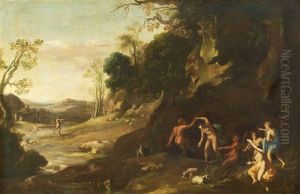 Paysage Rocheux Avec Des Nymphes Et Satyres Dansant by Daniel Vertangen