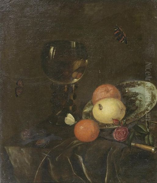 Oranges And Lemons On A Porcelain Plate, A Roemer Filled With Wine, Chestnuts, Roses And Insects On A Draped Table - view 1