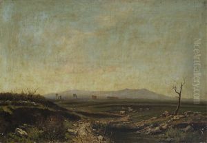 Scorcio Di Campagna Con Mucche Al Pascolo E Ruderi by Achille Vertunni
