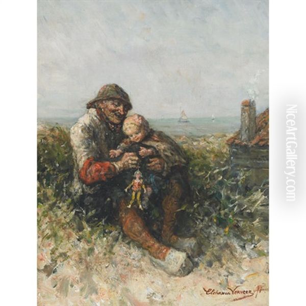 Little Girl On Grandfather's Knee Playing With A Doll - view 1