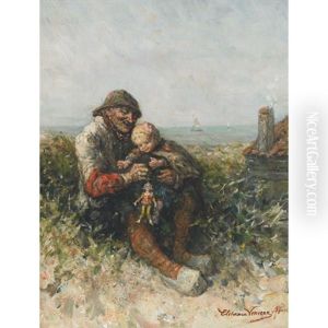 Little Girl On Grandfather's Knee Playing With A Doll