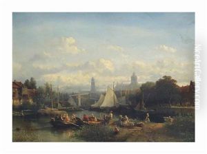 A Capriccio View Of Amsterdam With Figures Preparing For A Boattrip On A Sunny Day by Salomon Leonardus Verveer