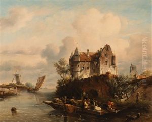 Dutch River Landscape With Ferry And Figures By A Castle by Salomon Leonardus Verveer