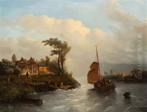 Dutch Riverview With Figures In Boats In Windy Weather