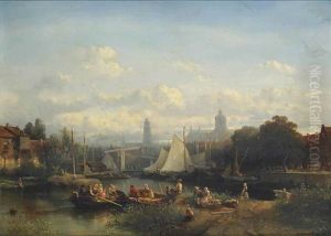A Capriccio View Of Amsterdam With Figures Preparing For A Boattrip On A Sunny Day by Salomon Leonardus Verveer