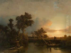 Evening Landscape With Children Fishing by Salomon Leonardus Verveer