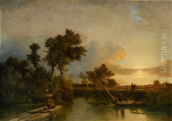 Evening Landscape With Chidren Fishing - view 1