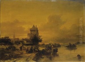 Scene Animee Au Bord D'un Fleuve En Hollande by Salomon Leonardus Verveer