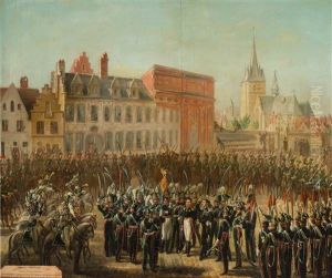 Le Roi Guillaume Passant La Revue Du Regiment Des Lanciers A Malines Sur Le Marche Au Betail. Dans Le Fond, La Tour Et L'eglise De Saint-jean