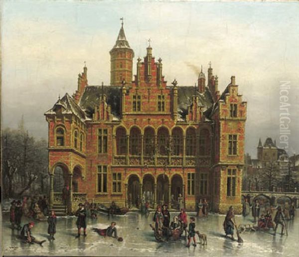 Winterscene With Skaters In Front Of A Grand Hall - view 1