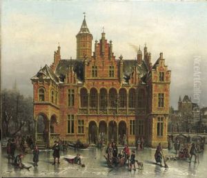 Winterscene With Skaters In Front Of A Grand Hall