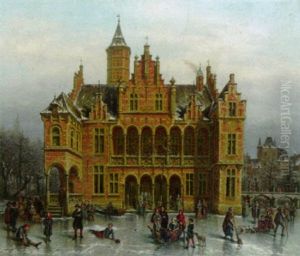 Winter Scene With Skaters In Front Of A Grand Hall