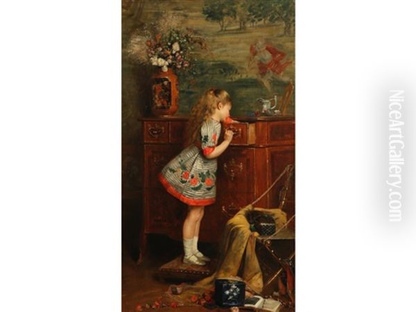 A Narrative Study Showing A Young Girl Climbing On A Stool To Look Into A Drawer - view 1
