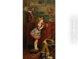 A Narrative Study Showing A Young Girl Climbing On A Stool To Look Into A Drawer by Charles Louis Verwee