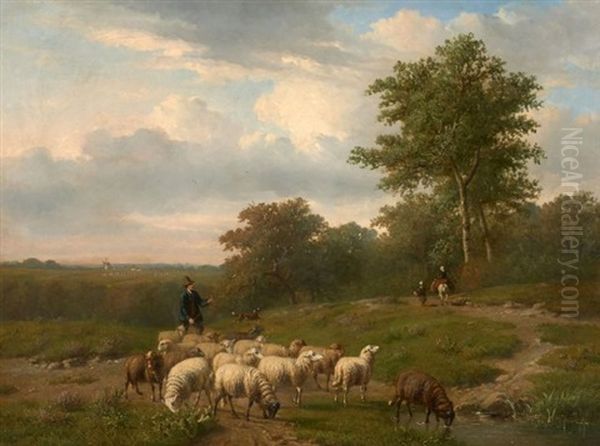 Berger Et Son Troupeau De Moutons Dans Un Paysage - view 1