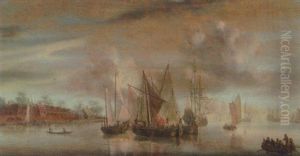 A Calm: Wijdshops And A Threemaster At Anchor In A River Estuary, At Sunset by Abraham de Verwer