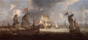 Dutch Men-of-war And Other Shipping Off Amsterdam by Abraham de Verwer