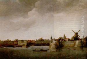 A View Of A Dutch Fortified Town Across A River by Abraham de Verwer