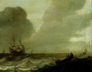 A Rowing Boat In Choppy Waters, A Man-o'-war Beyond A Rowing Boat In Choppy Waters, A Man-o'-war Beyond