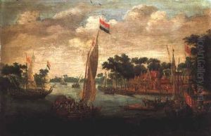 A Dutch States Yacht With Numerous Smalschips And Barges On A River Estuary Beside A Village by Abraham de Verwer