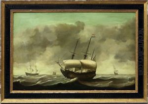 Hollandische Kriegs- Und Kauffahrteischiffe Auf Bewegter See Unter Wolkenreichem Himmel by Justus Verwer