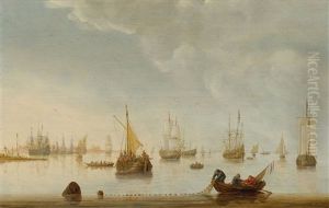 A Harbour Scene With Fishers by Justus Verwer