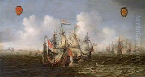 La Bataille Navale Anglo-hollandaise Remportee Par L'amiral Neerlandais Maarten Harpertszoon Tromp En Devant Ter Heide Devant Ter Heide by Justus Verwer
