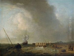 Stark Bewolkte Kustenlandschaft Mit Booten Auf Bewegter See by Justus Verwer