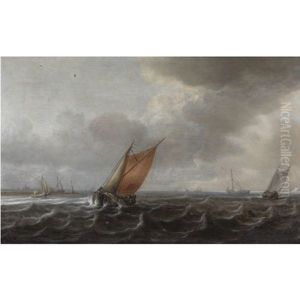 A River Estuary With Light Shipping In A Strong Breeze by Justus Verwer
