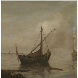 A Smalschip Moored Off The Dutch Coast, Possibly The Hollandsch Diep And Willemstad by Justus Verwer