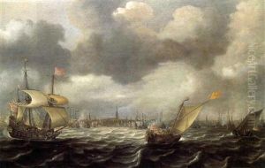 Bateaux Devant Le Port D'amsterdam by Justus Verwer