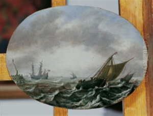 Segelschiffe Auf Bewegter See In Kustennahe by Justus Verwer