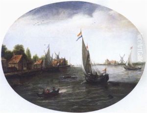 Hollandische Fluslandschaft Mit Segelbooten by Justus Verwer