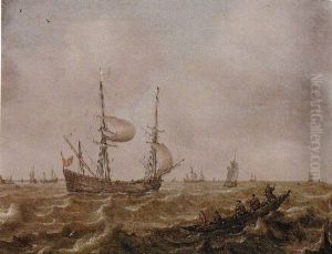 Shipping Vessels On Choppy Seas, With Men In A Fishing Boat In The Foreground by Justus Verwer