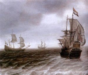 Dutch Men O'war In Choppy Waters by Justus Verwer