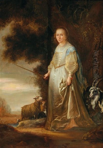 A Young Woman In Arcadian Costume With Goats And Sheep - view 1